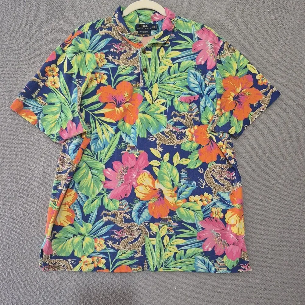 Vtg Polo Ralph Lauren Men's Featherweight Mesh Dragon Hawaiian Colorful Polo XXL